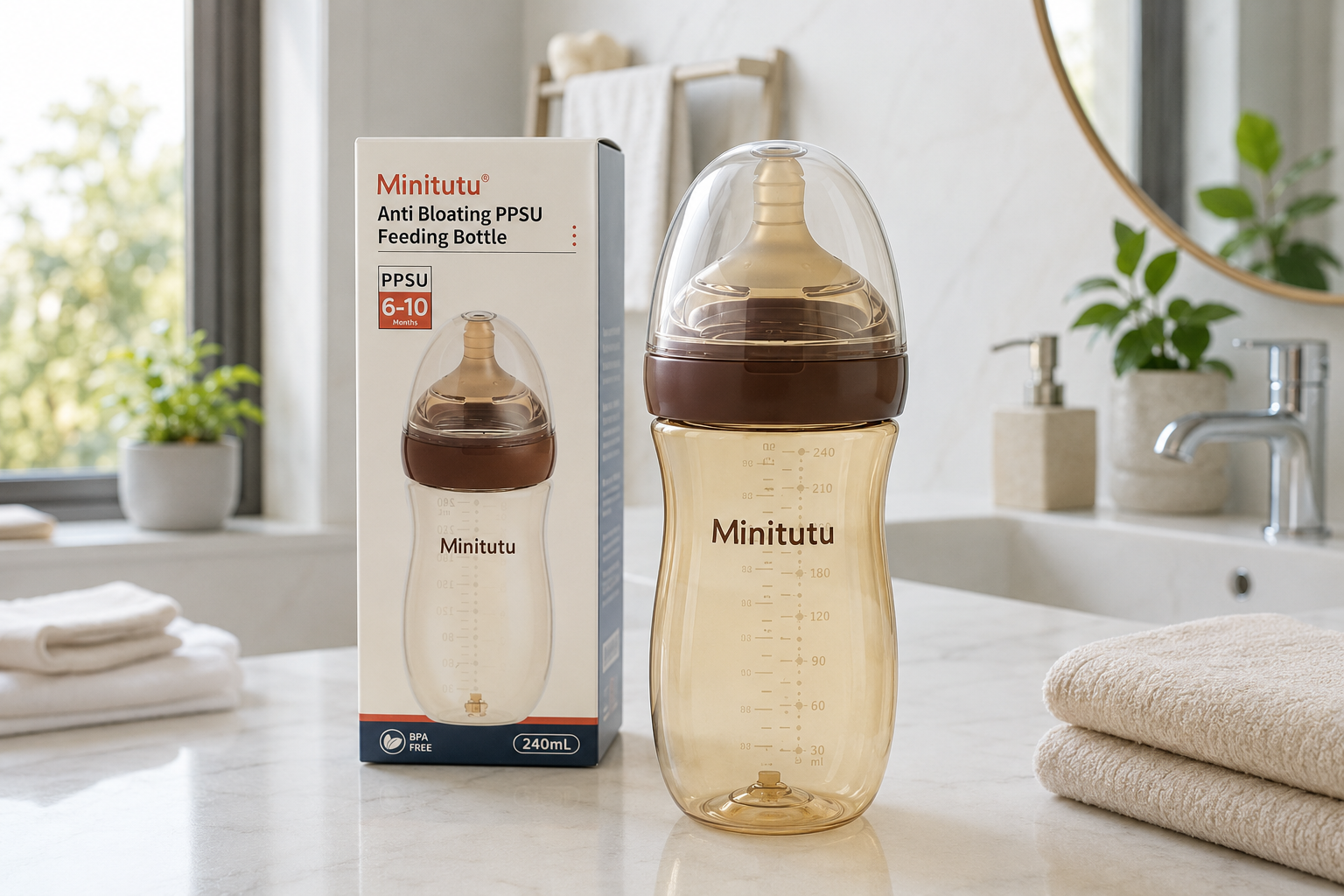 Minitutu Anti-Bloating PPSU Feeding Bottle 240ml | L-Hole Silicone Nipple for 6–10 Months | CB716 Brown